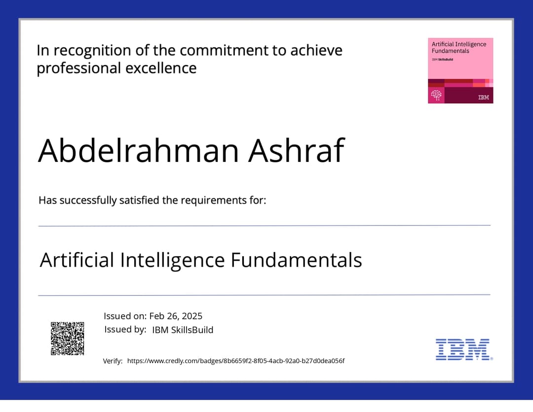 Artificial Intelligence Fundamentals certificate issued by IBM