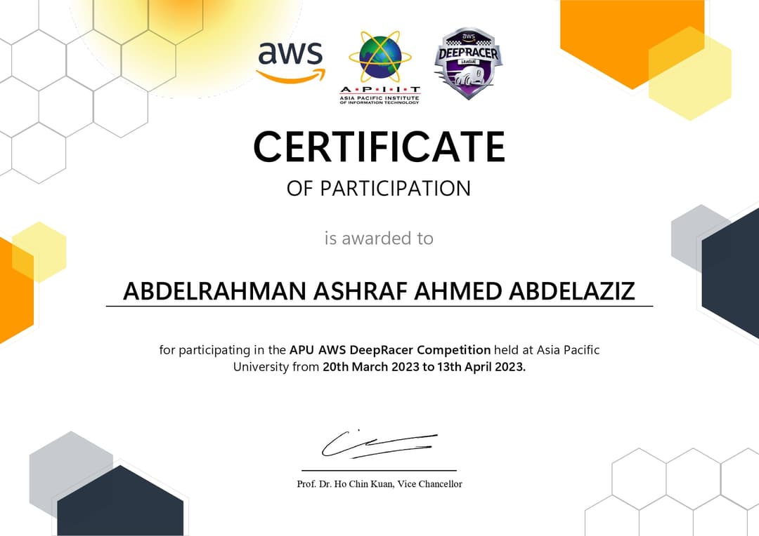 AWS Deep Racer Competition certificate issued by AWS / APU