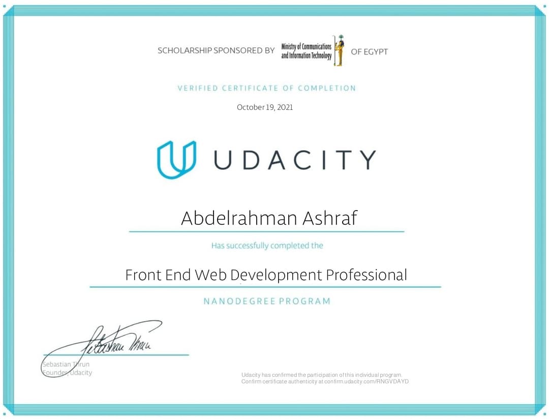 Professional Front End Web Development certificate issued by Udacity